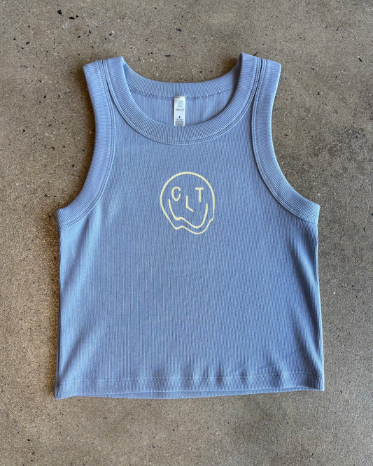 Glory Days Apparel - Melty CLT Smiley Powder Blue Organic Rib Crop Tank