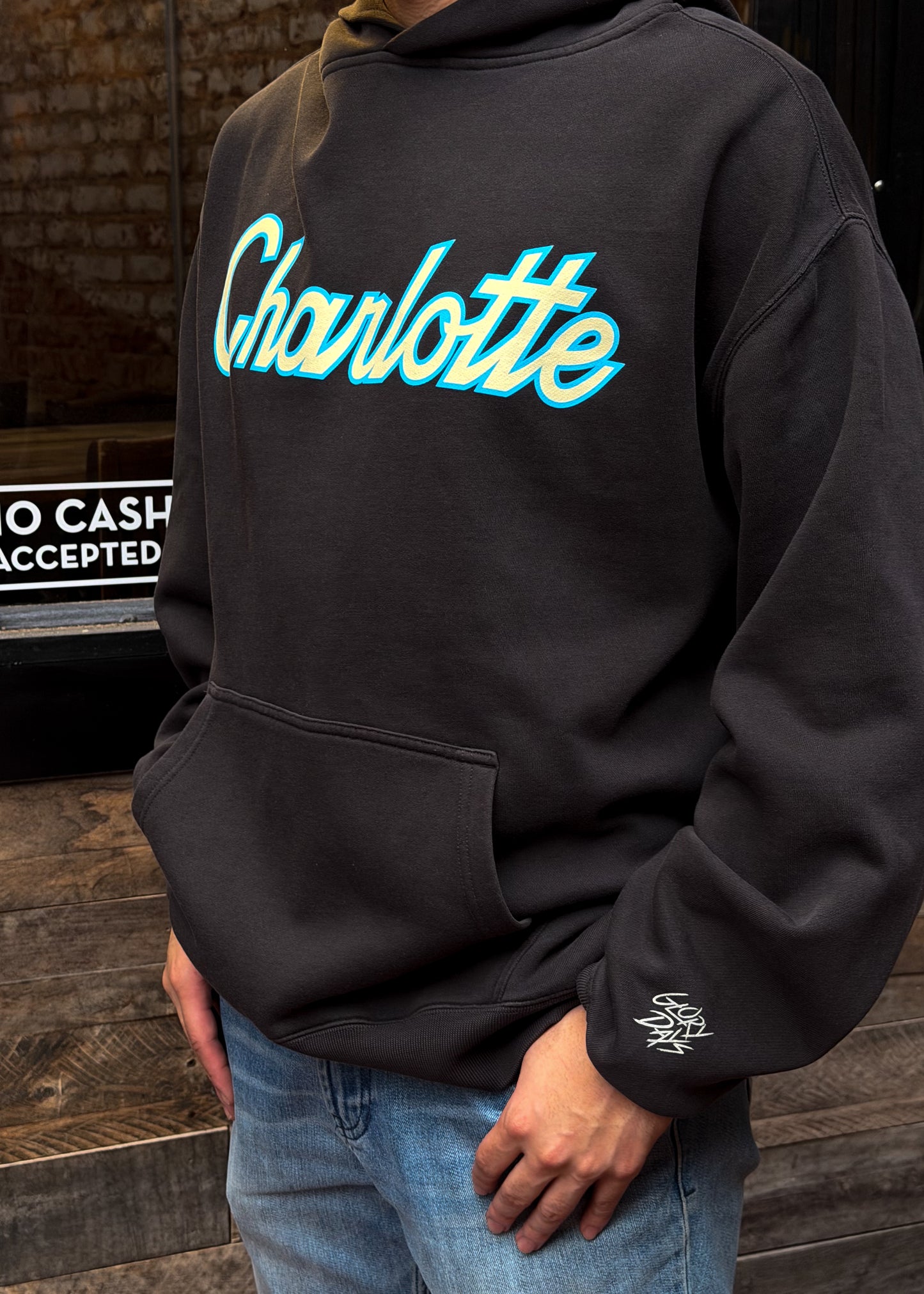 Glory Days Apparel - Charlotte Retro Script Faded Black Relaxed Fit Hoodie