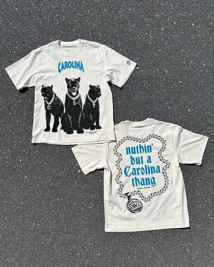 Two off-white graphic t-shirts laid flat on a gray asphalt surface. The front shirt features three black panthers under the word 'CAROLINA' in blue.