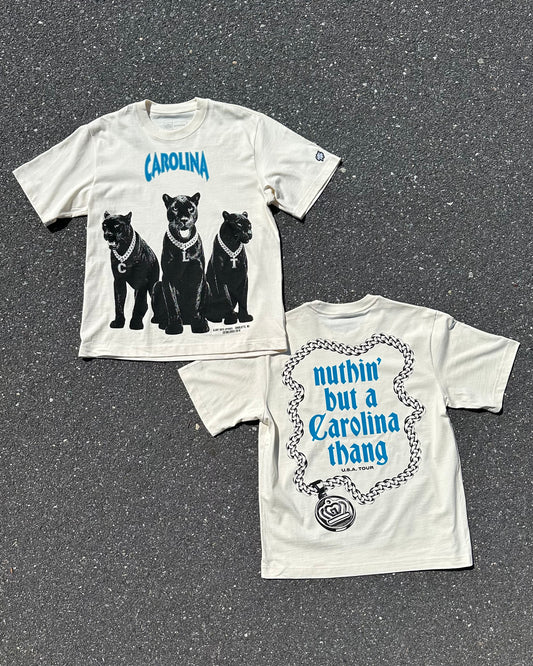 Two off-white graphic t-shirts laid flat on a gray asphalt surface. The front shirt features three black panthers under the word 'CAROLINA' in blue.
