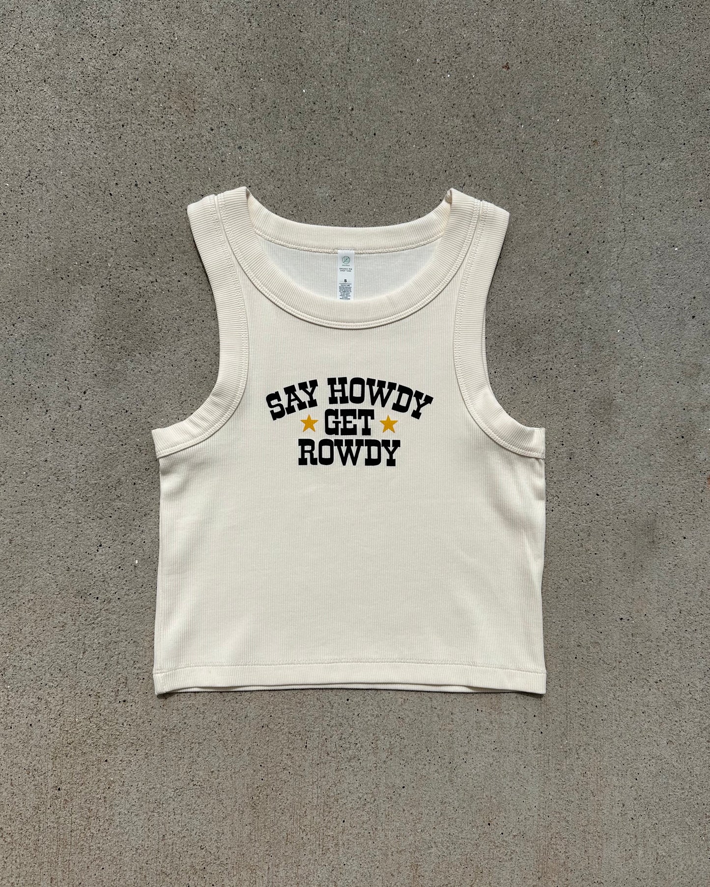 Glory Days Apparel - Say Howdy Get Rowdy Ivory Organic Rib Crop Tank