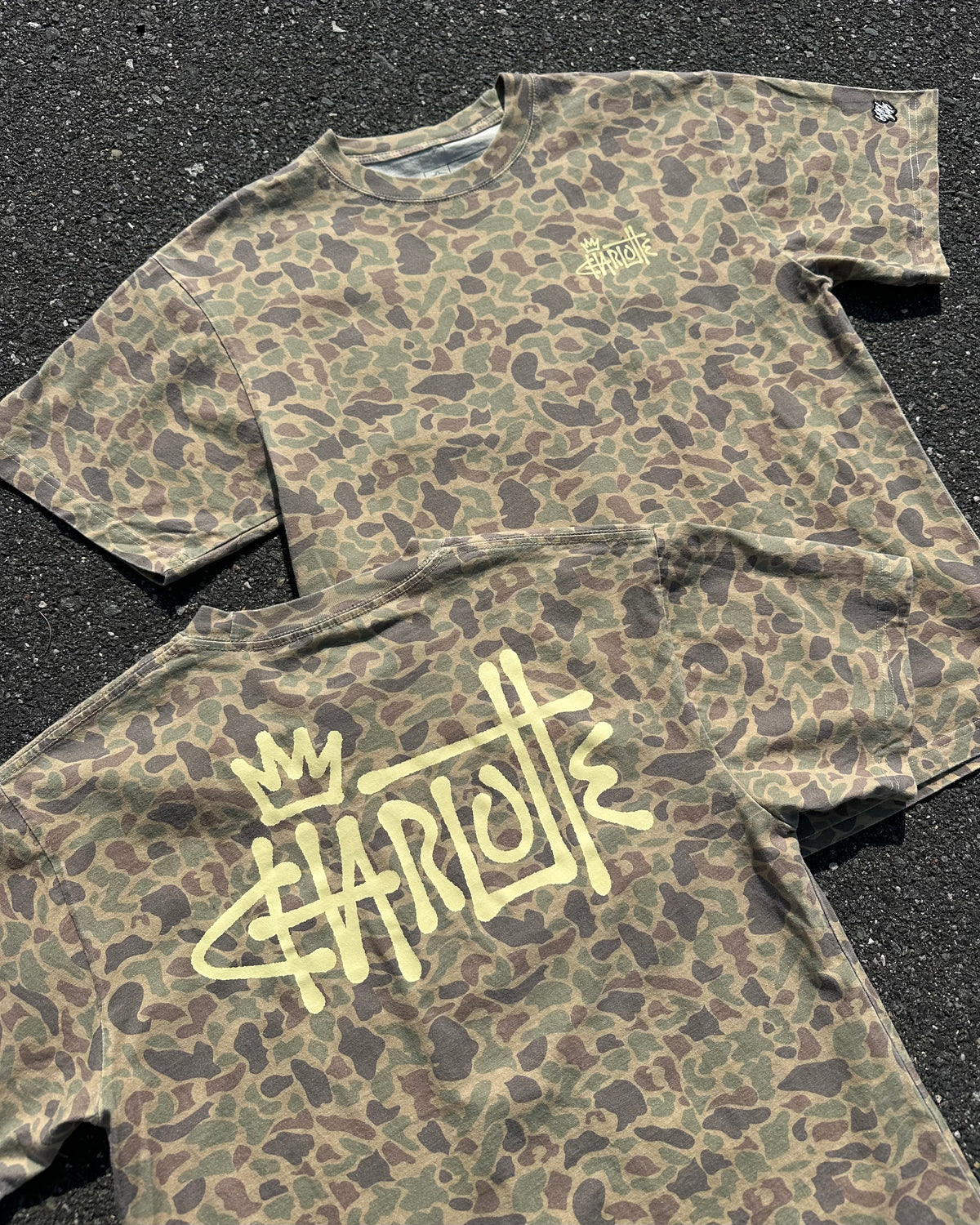 Glory Days Apparel - Faded Duck Camo Graffiti Charlotte Oversized T-Shirt