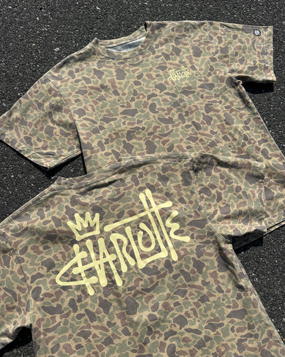 Glory Days Apparel - Faded Duck Camo Graffiti Charlotte Oversized T-Shirt