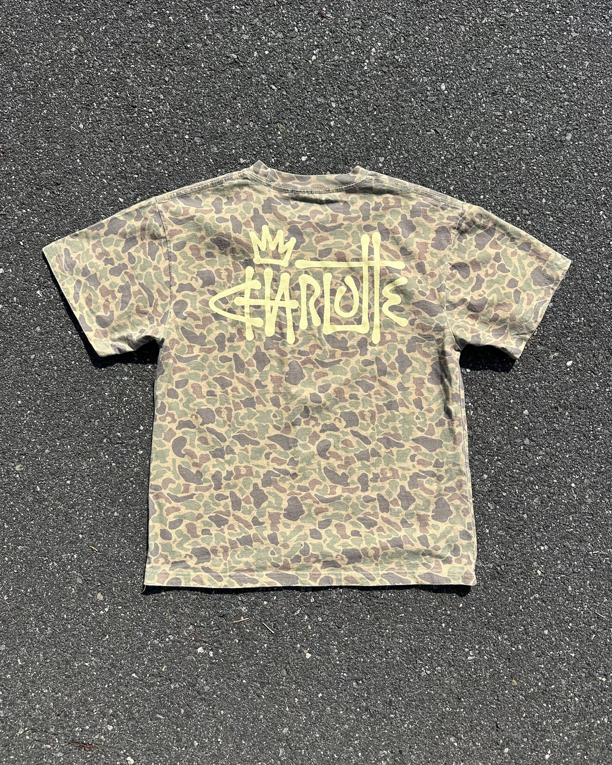 Glory Days Apparel - Faded Duck Camo Graffiti Charlotte Oversized T-Shirt