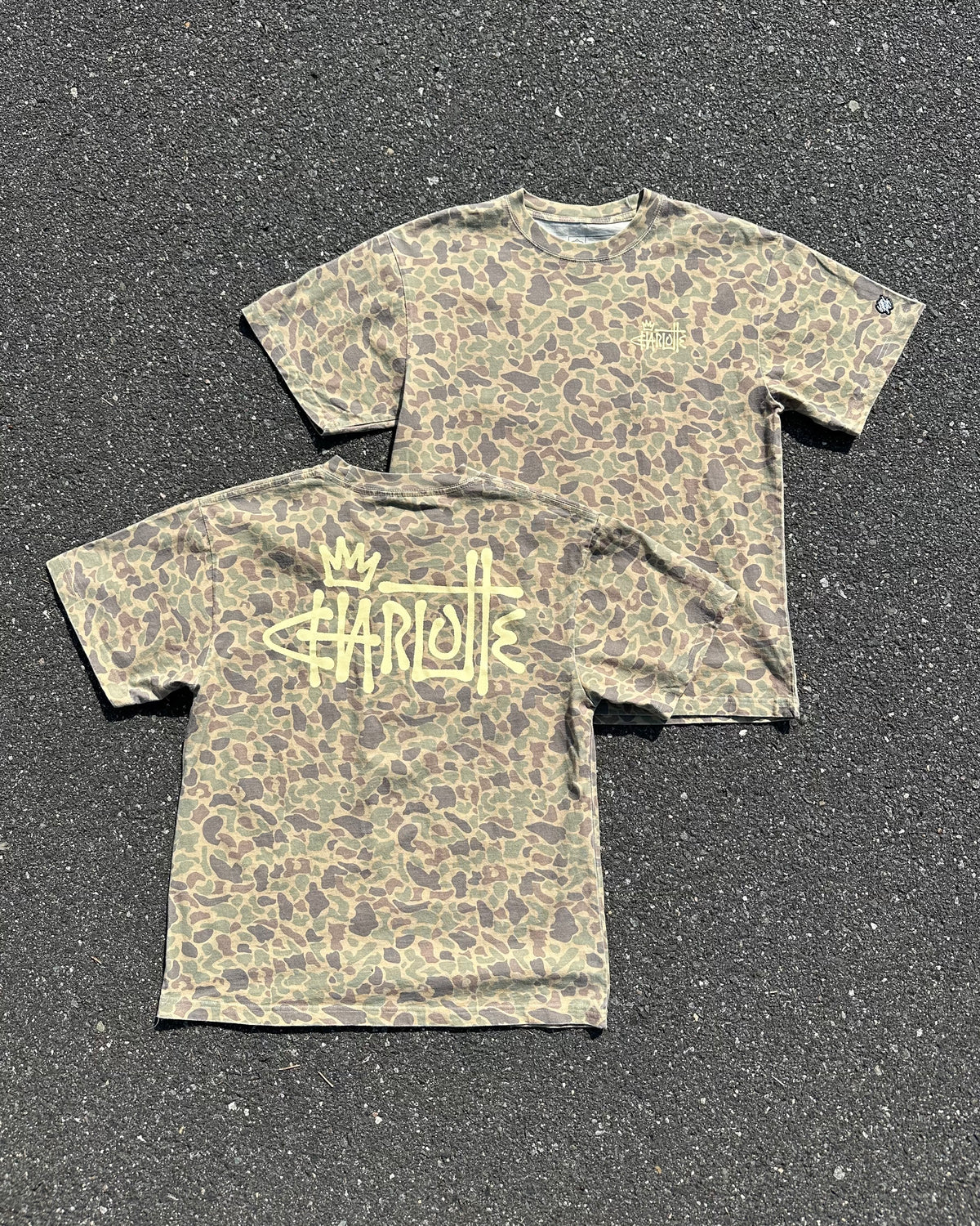 Glory Days Apparel - Faded Duck Camo Graffiti Charlotte Oversized T-Shirt