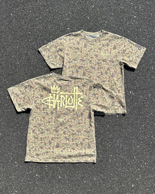 Glory Days Apparel - Faded Duck Camo Graffiti Charlotte Oversized T-Shirt