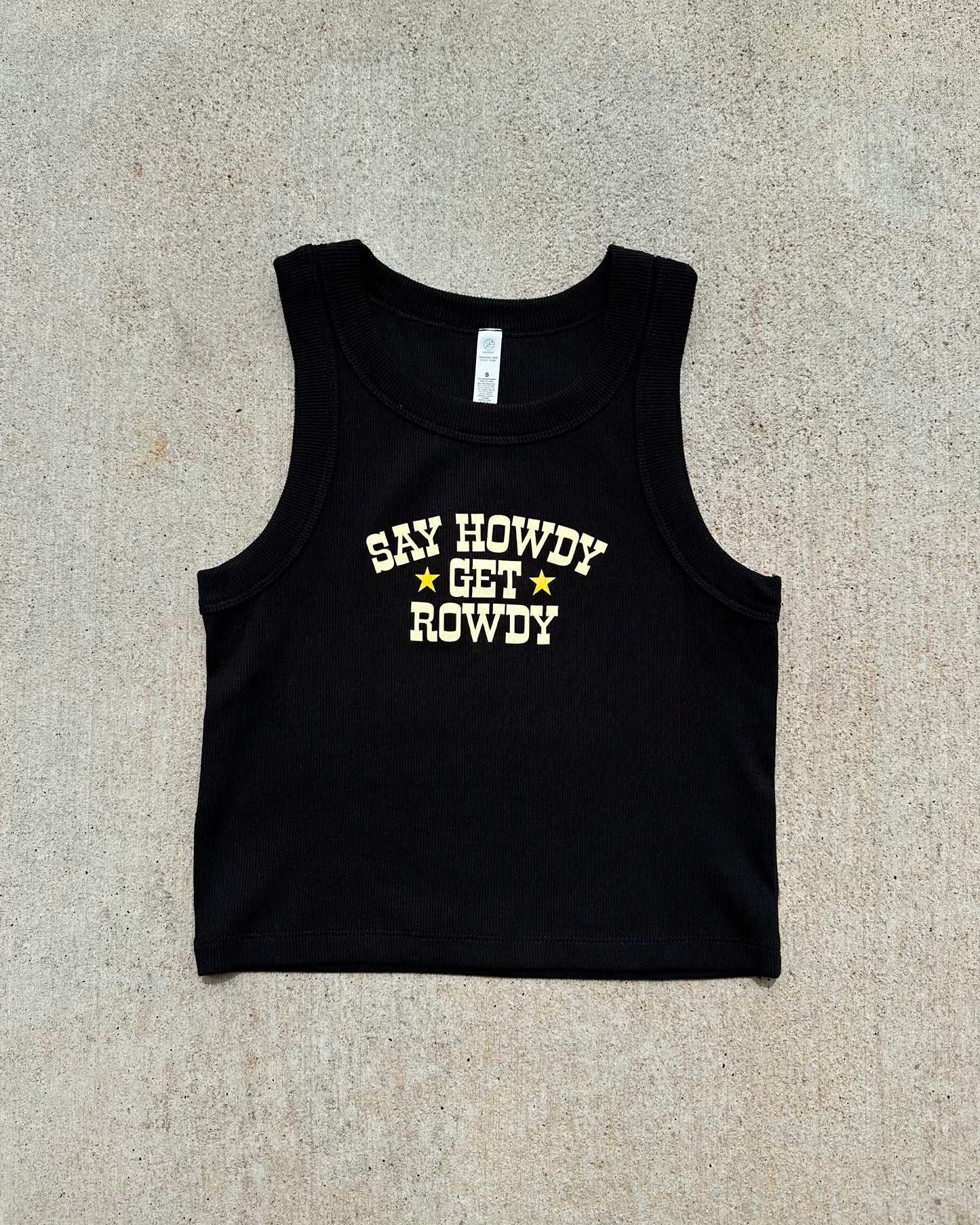 Glory Days Apparel - Say Howdy Get Rowdy Black Organic Rib Crop Tank