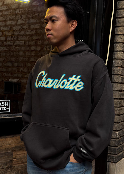 Glory Days Apparel - Charlotte Retro Script Faded Black Relaxed Fit Hoodie
