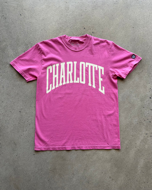 Pink t-shirt with 'Charlotte' printed on it.