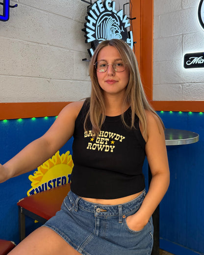 Glory Days Apparel - Say Howdy Get Rowdy Black Organic Rib Crop Tank