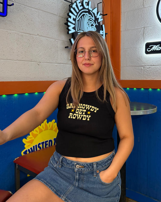 Glory Days Apparel - Say Howdy Get Rowdy Black Organic Rib Crop Tank